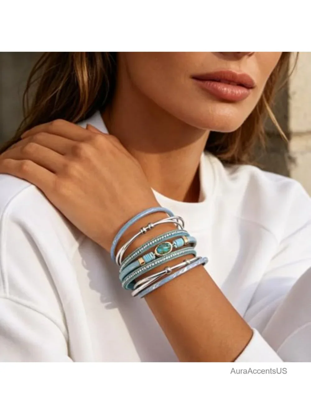 Layered Boho Wrap Cuff Bracelet with Clasp Faux Leather Rhinestone Jewelry